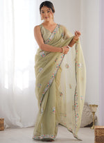Thumbnail for Vegaa Fashion Olive Green Organza Thread Work Color Tone Fabric Party Wear Saree - Distacart