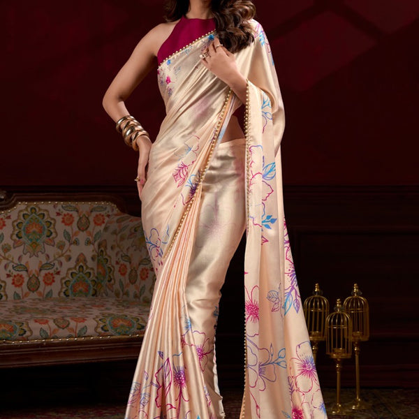 Vegaa Fashion Cream Satin Silk Digital Printed Pearl Lace Border Work Saree - Distacart