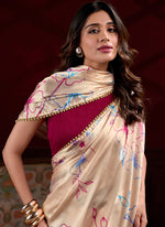 Thumbnail for Vegaa Fashion Cream Satin Silk Digital Printed Pearl Lace Border Work Saree - Distacart