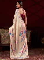 Thumbnail for Vegaa Fashion Cream Satin Silk Digital Printed Pearl Lace Border Work Saree - Distacart