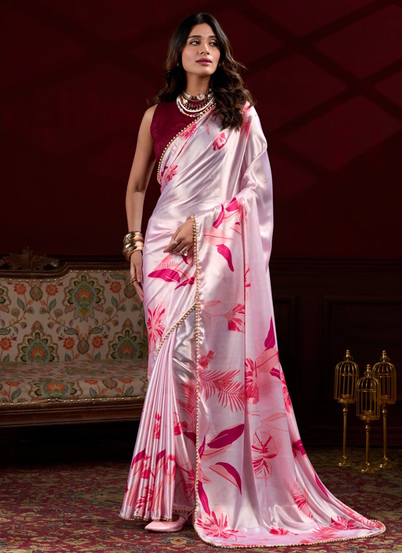 Vegaa Fashion Light Pink Satin Silk Digital Printed Pearl Lace Border Work Saree