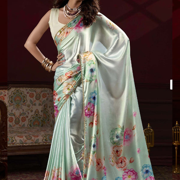 Vegaa Fashion Light Green Satin Silk Digital Printed Pearl Lace Border Work Saree - Distacart