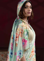 Thumbnail for Vegaa Fashion Light Green Satin Silk Digital Printed Pearl Lace Border Work Saree - Distacart
