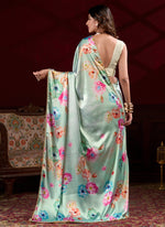 Thumbnail for Vegaa Fashion Light Green Satin Silk Digital Printed Pearl Lace Border Work Saree - Distacart