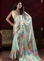 Thumbnail for Vegaa Fashion Light Green Satin Silk Digital Printed Pearl Lace Border Work Saree - Distacart