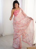 Thumbnail for Vegaa Fashion Baby Pink Chinon Silk Print Work With Mirror Work Border Designer Saree - Distacart