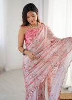 Thumbnail for Vegaa Fashion Baby Pink Chinon Silk Print Work With Mirror Work Border Designer Saree - Distacart