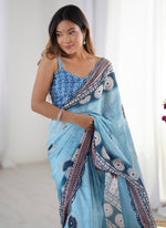 Thumbnail for Vegaa Fashion Sky Blue Chinon Silk Print Work With Mirror Work Border Designer Saree - Distacart