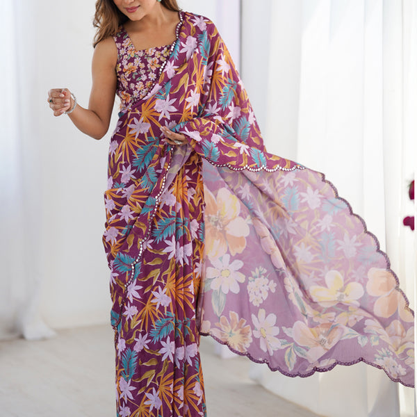 Vegaa Fashion Wine Chinon Silk Print Work With Mirror Work Border Designer Saree - Distacart