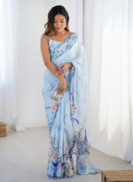 Thumbnail for Vegaa Fashion Sky Blue Chinon Silk Print Work With Mirror Work Border Designer Saree - Distacart