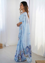 Thumbnail for Vegaa Fashion Sky Blue Chinon Silk Print Work With Mirror Work Border Designer Saree - Distacart