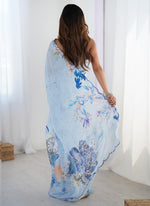 Thumbnail for Vegaa Fashion Sky Blue Chinon Silk Print Work With Mirror Work Border Designer Saree - Distacart