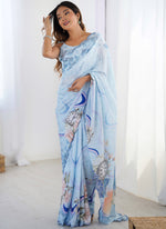Thumbnail for Vegaa Fashion Sky Blue Chinon Silk Print Work With Mirror Work Border Designer Saree - Distacart