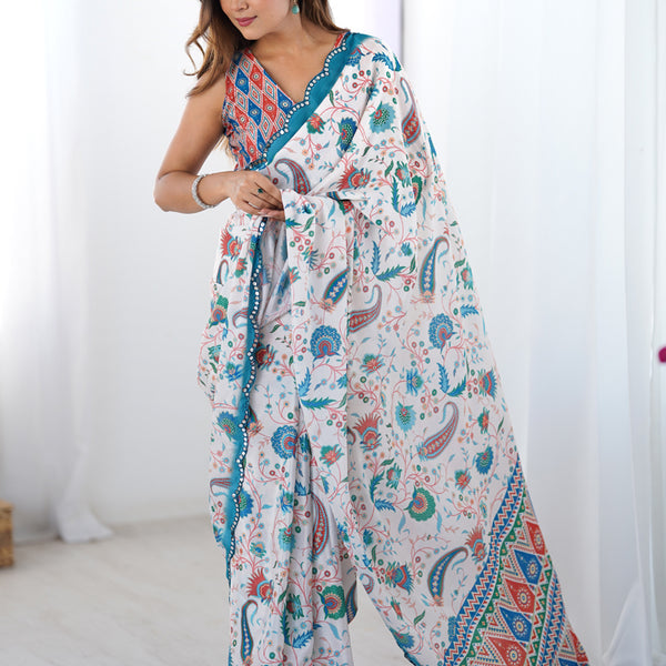 Vegaa Fashion Off White Sky Blue Chinon Silk Print Work With Mirror Work Border Designer Saree - Distacart