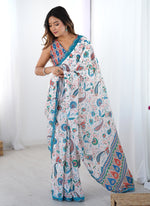 Thumbnail for Vegaa Fashion Off White Sky Blue Chinon Silk Print Work With Mirror Work Border Designer Saree - Distacart
