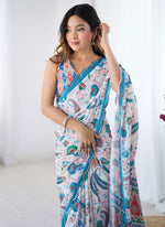 Thumbnail for Vegaa Fashion Off White Sky Blue Chinon Silk Print Work With Mirror Work Border Designer Saree - Distacart