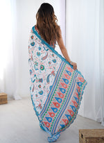 Thumbnail for Vegaa Fashion Off White Sky Blue Chinon Silk Print Work With Mirror Work Border Designer Saree - Distacart