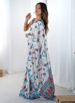 Thumbnail for Vegaa Fashion Off White Sky Blue Chinon Silk Print Work With Mirror Work Border Designer Saree - Distacart
