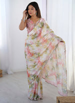 Thumbnail for Vegaa Fashion Off White Sky Blue Chinon Silk Print Work With Mirror Work Border Designer Saree - Distacart