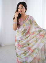 Thumbnail for Vegaa Fashion Off White Sky Blue Chinon Silk Print Work With Mirror Work Border Designer Saree - Distacart