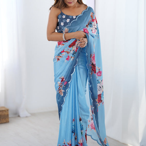 Vegaa Fashion Sky Blue Chinon Silk Print Work With Mirror Work Border Designer Saree - Distacart