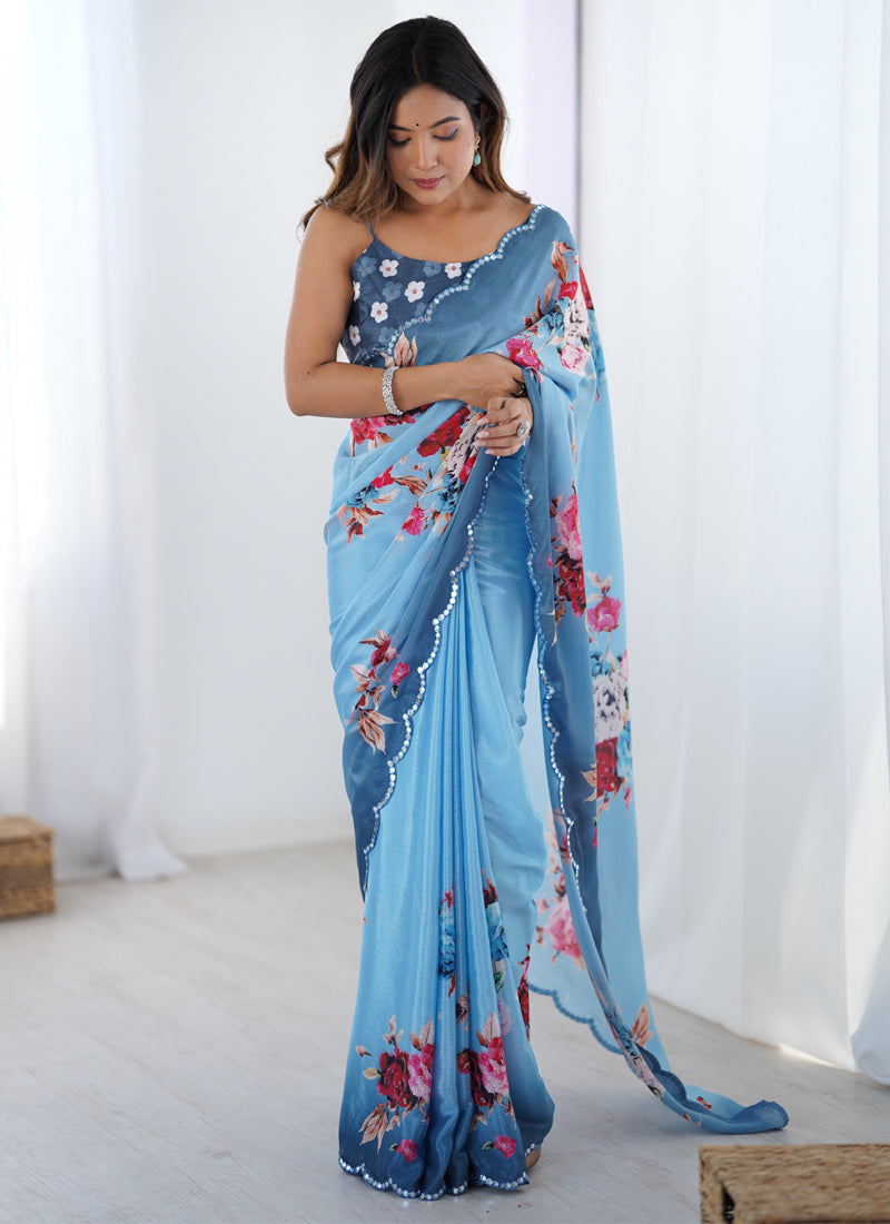 Vegaa Fashion Sky Blue Chinon Silk Print Work With Mirror Work Border Designer Saree
