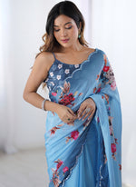 Thumbnail for Vegaa Fashion Sky Blue Chinon Silk Print Work With Mirror Work Border Designer Saree - Distacart