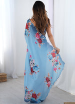 Thumbnail for Vegaa Fashion Sky Blue Chinon Silk Print Work With Mirror Work Border Designer Saree - Distacart
