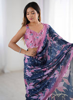 Thumbnail for Vegaa Fashion Blue Chinon Silk Print Work With Mirror Work Border Designer Saree - Distacart