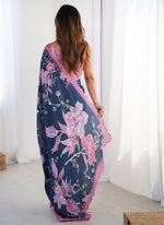 Thumbnail for Vegaa Fashion Blue Chinon Silk Print Work With Mirror Work Border Designer Saree - Distacart
