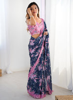 Thumbnail for Vegaa Fashion Blue Chinon Silk Print Work With Mirror Work Border Designer Saree - Distacart