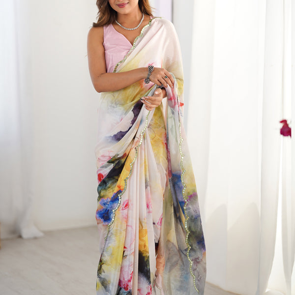 Vegaa Fashion Off White Sky Blue Chinon Silk Print Work With Mirror Work Border Designer Saree - Distacart
