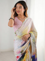 Thumbnail for Vegaa Fashion Off White Sky Blue Chinon Silk Print Work With Mirror Work Border Designer Saree - Distacart
