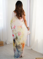Thumbnail for Vegaa Fashion Off White Sky Blue Chinon Silk Print Work With Mirror Work Border Designer Saree - Distacart