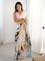 Thumbnail for Vegaa Fashion Off White Sky Blue Chinon Silk Print Work With Mirror Work Border Designer Saree - Distacart