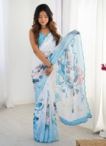 Thumbnail for Vegaa Fashion Sky Blue Chinon Silk Print Work With Mirror Work Border Designer Saree - Distacart