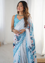 Thumbnail for Vegaa Fashion Sky Blue Chinon Silk Print Work With Mirror Work Border Designer Saree - Distacart