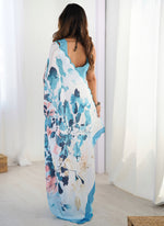 Thumbnail for Vegaa Fashion Sky Blue Chinon Silk Print Work With Mirror Work Border Designer Saree - Distacart