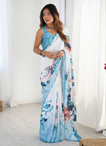 Thumbnail for Vegaa Fashion Sky Blue Chinon Silk Print Work With Mirror Work Border Designer Saree - Distacart