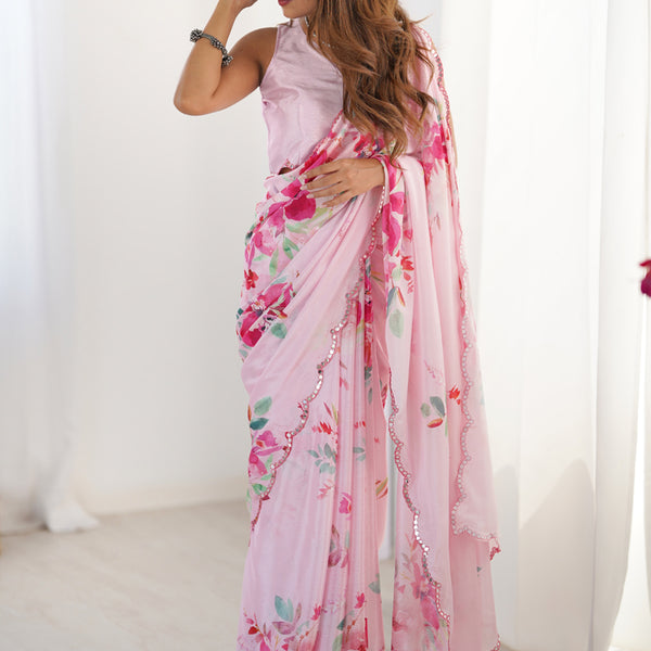 Vegaa Fashion Baby Pink Chinon Silk Print Work With Mirror Work Border Designer Saree - Distacart