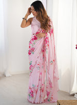 Thumbnail for Vegaa Fashion Baby Pink Chinon Silk Print Work With Mirror Work Border Designer Saree - Distacart