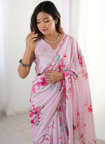 Thumbnail for Vegaa Fashion Baby Pink Chinon Silk Print Work With Mirror Work Border Designer Saree - Distacart