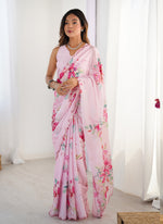 Thumbnail for Vegaa Fashion Baby Pink Chinon Silk Print Work With Mirror Work Border Designer Saree - Distacart