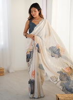Thumbnail for Vegaa Fashion Off White Sky Blue Chinon Silk Print Work With Mirror Work Border Designer Saree - Distacart
