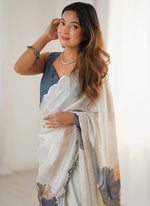 Thumbnail for Vegaa Fashion Off White Sky Blue Chinon Silk Print Work With Mirror Work Border Designer Saree - Distacart