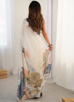 Thumbnail for Vegaa Fashion Off White Sky Blue Chinon Silk Print Work With Mirror Work Border Designer Saree - Distacart