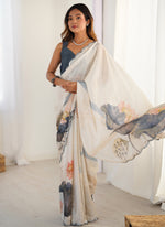 Thumbnail for Vegaa Fashion Off White Sky Blue Chinon Silk Print Work With Mirror Work Border Designer Saree - Distacart