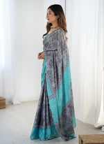 Thumbnail for Vegaa Fashion Grey Chinon Silk Print Work With Mirror Work Border Designer Saree - Distacart