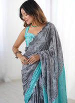 Thumbnail for Vegaa Fashion Grey Chinon Silk Print Work With Mirror Work Border Designer Saree - Distacart