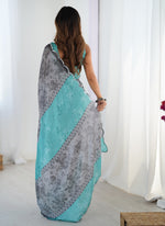 Thumbnail for Vegaa Fashion Grey Chinon Silk Print Work With Mirror Work Border Designer Saree - Distacart